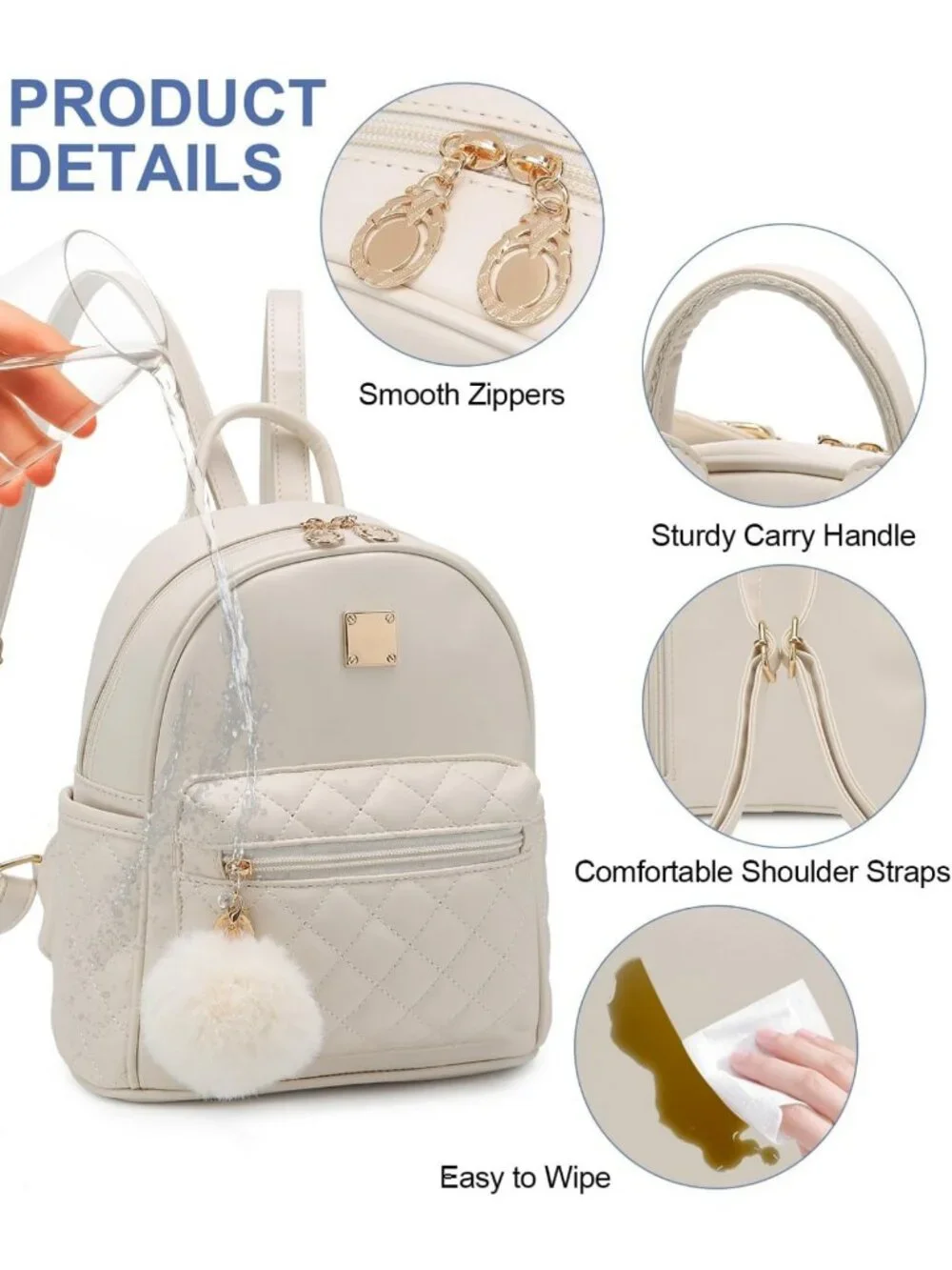 Cute Mini Backpack Purse for Girls - Small Plaid Leather Bag in Ivory